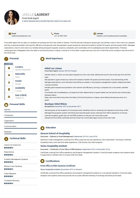 Front Desk Agent resume example — a professionally formatted Advertising/Marketing/PR CV sample