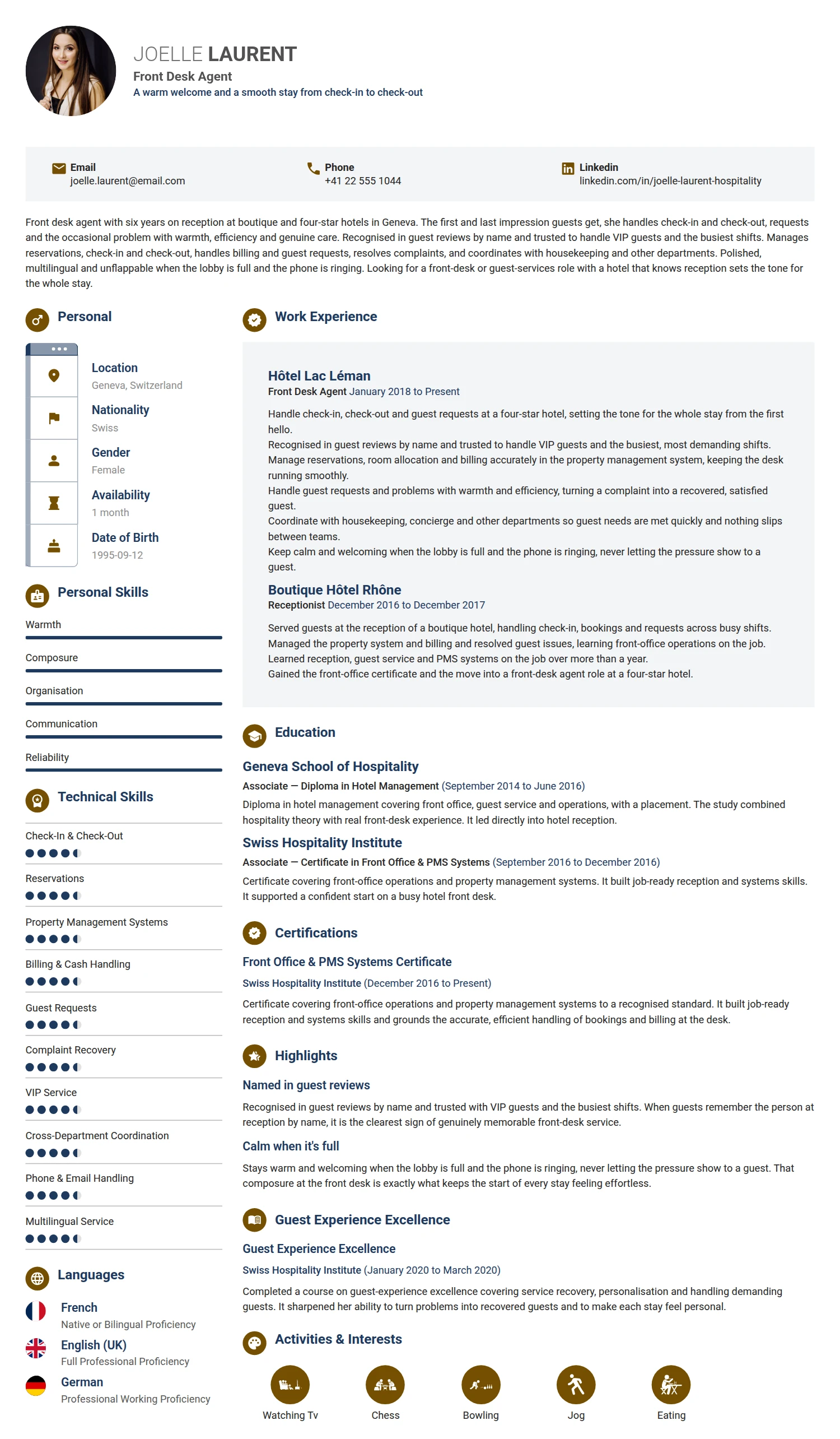 Front Desk Agent resume example — a professionally formatted Advertising/Marketing/PR CV sample