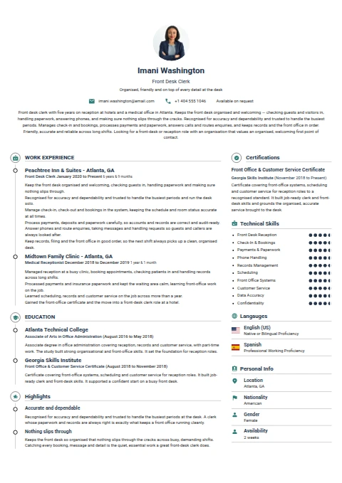 Front Desk Clerk resume example