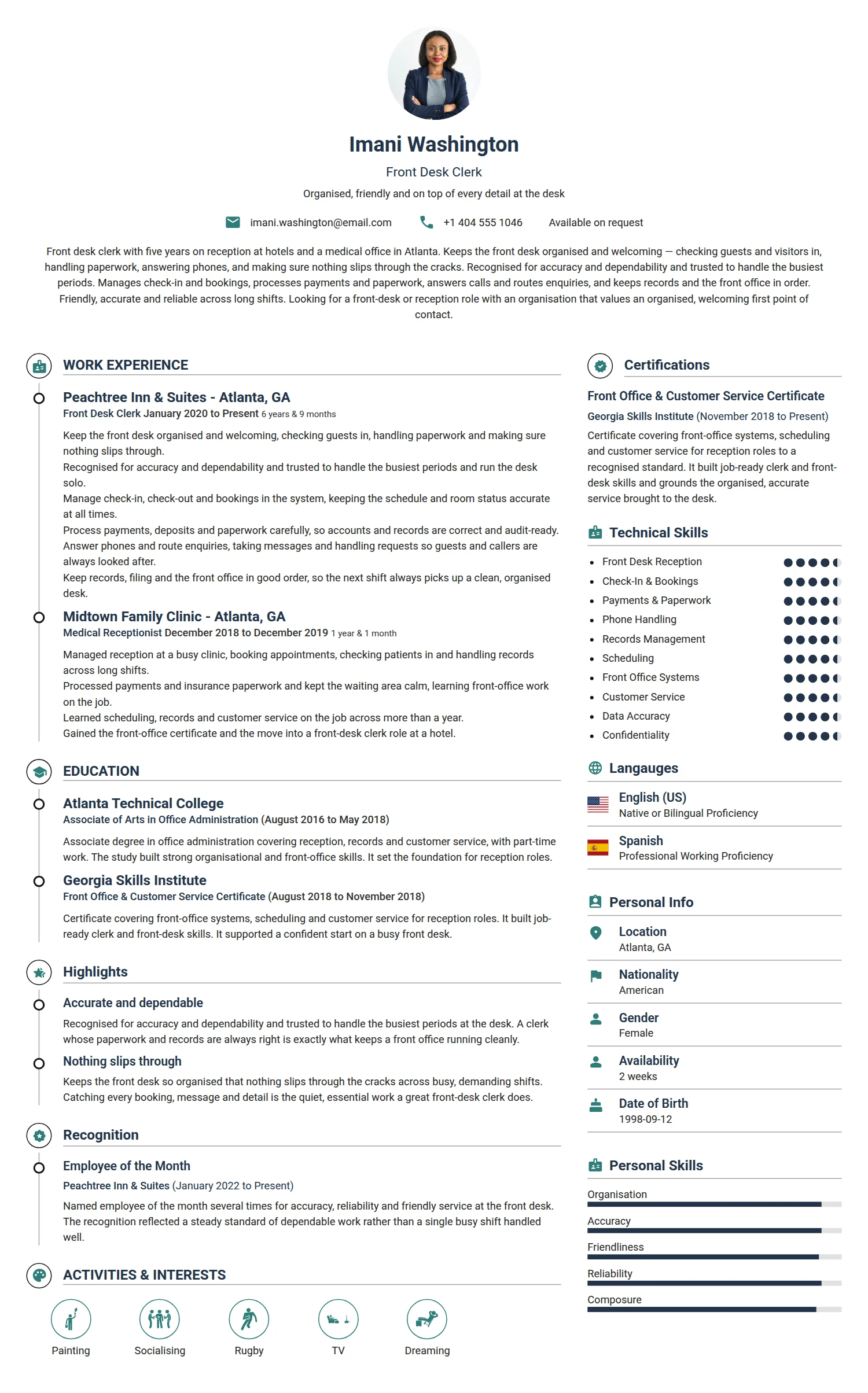 Front Desk Clerk resume example — a professionally formatted Administration CV sample