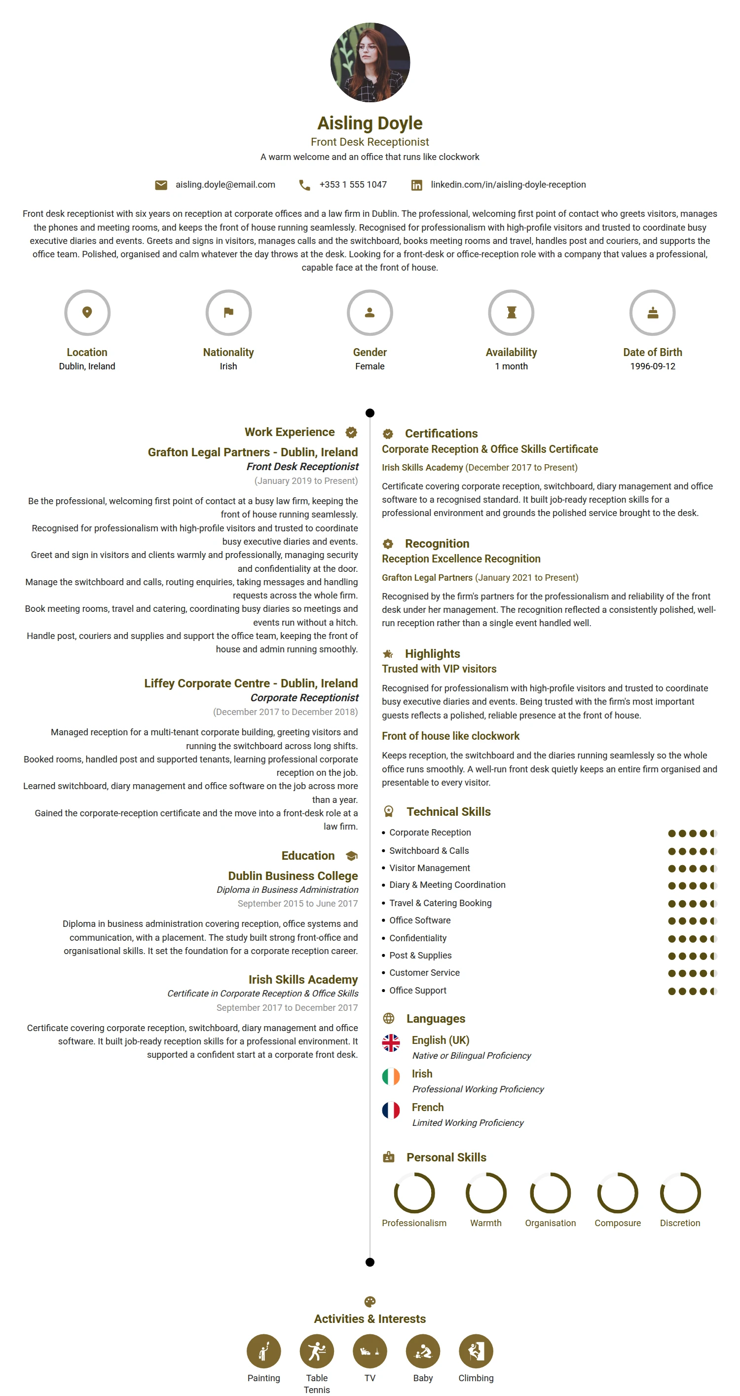 Front Desk Receptionist resume example — a professionally formatted Administration CV sample