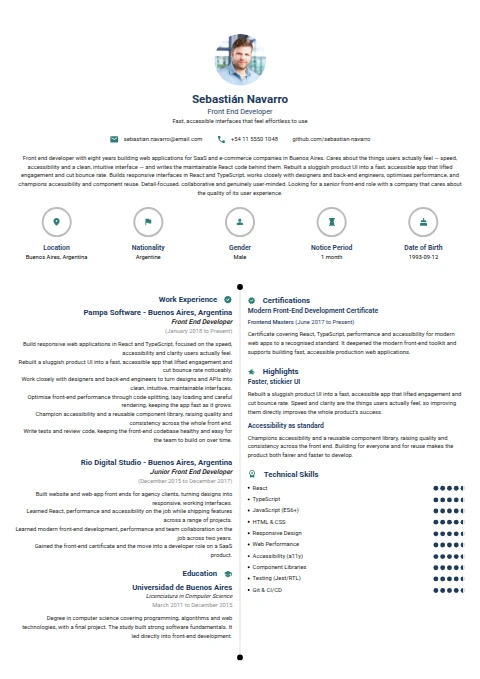 Front End Developer resume example