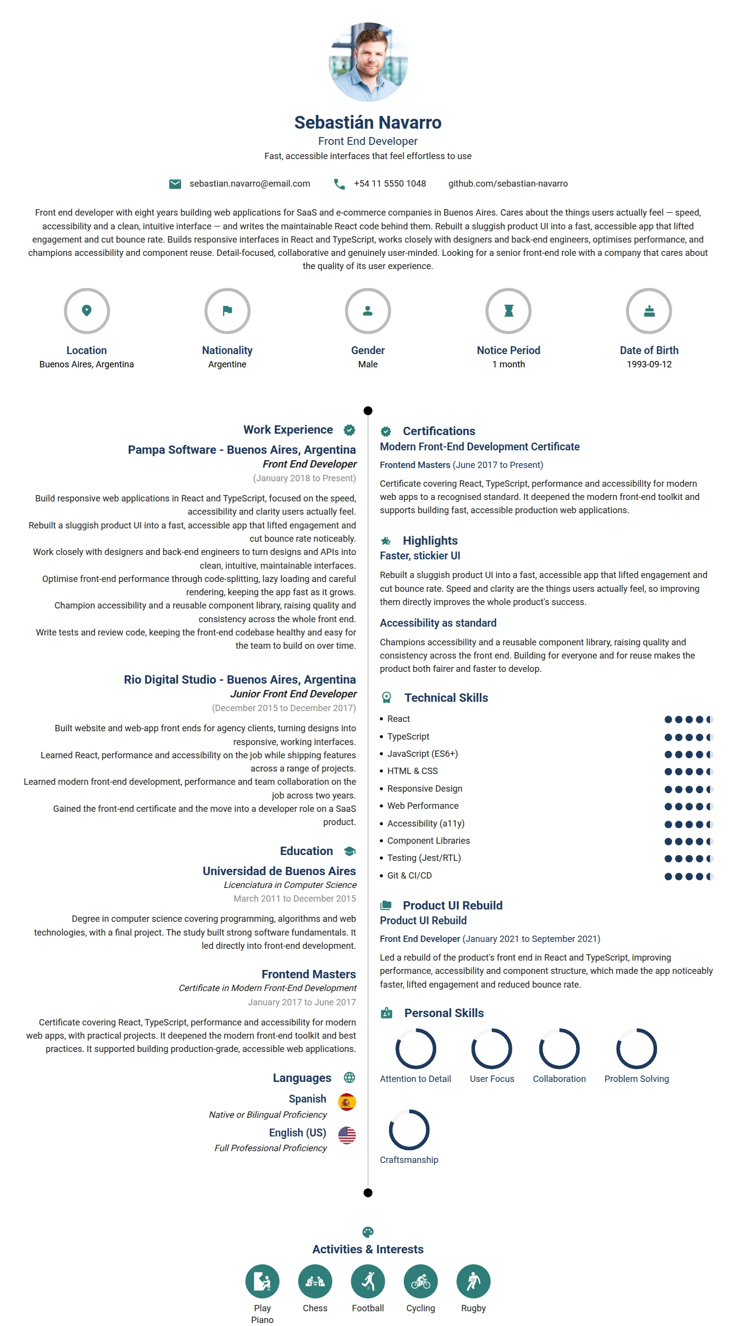 Front End Developer resume example — a professionally formatted Software Development & IT CV sample