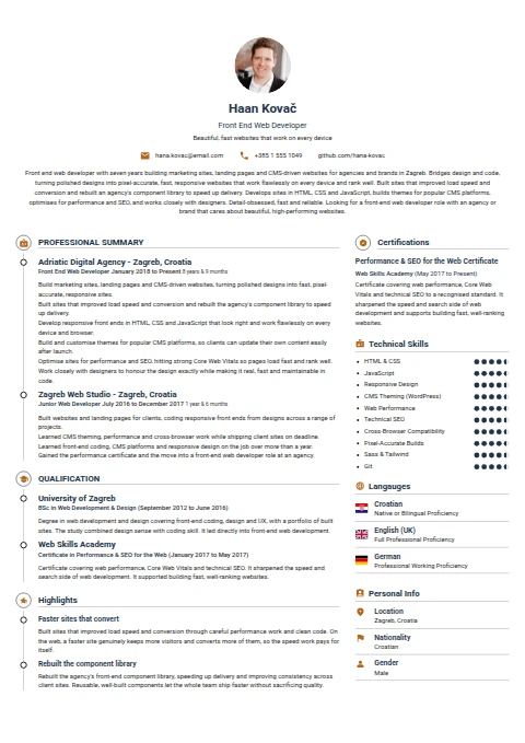 Front End Web Developer resume example