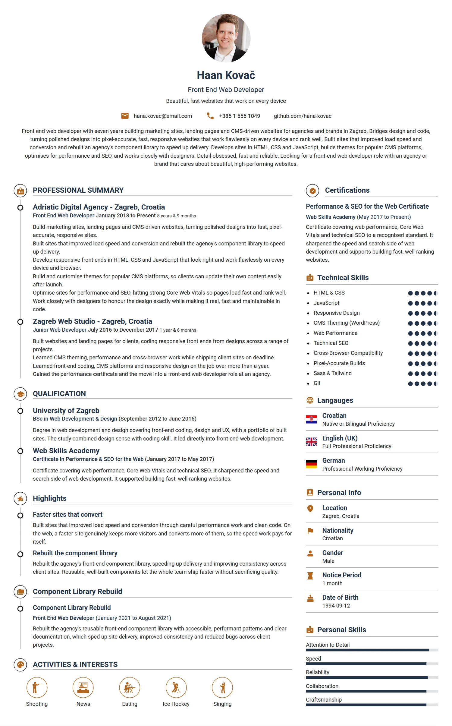 Front End Web Developer resume example — a professionally formatted Software Development & IT CV sample