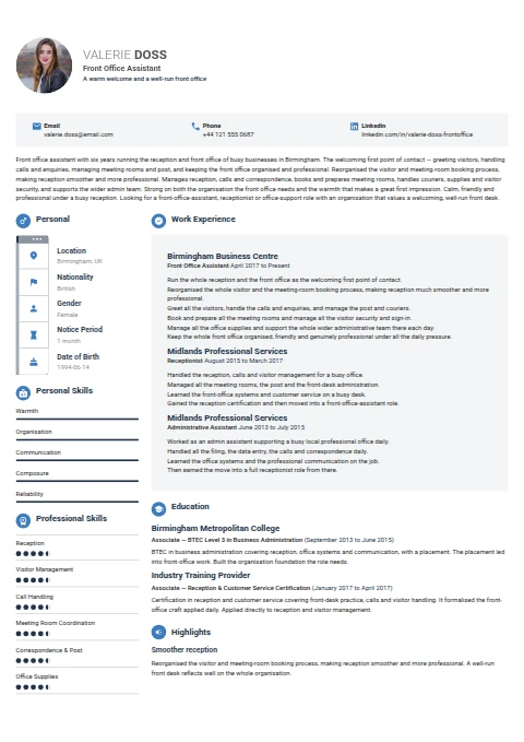 Front Office Assistant resume example