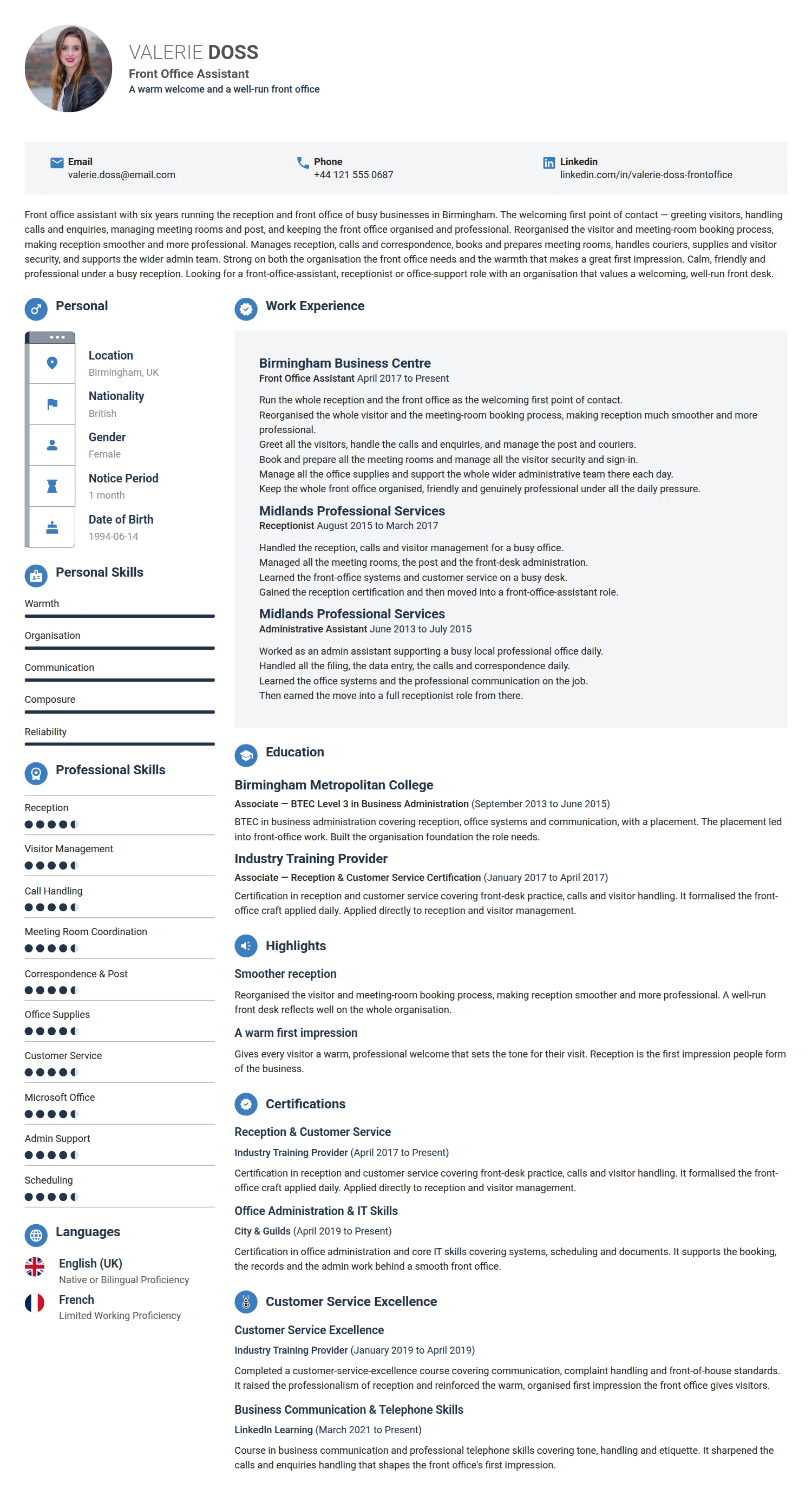 Front Office Assistant resume example — a professionally formatted Administration CV sample