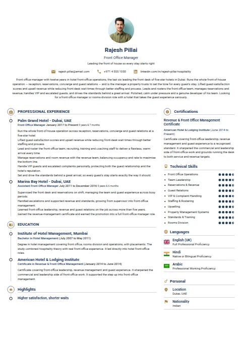 Front Office Manager resume example