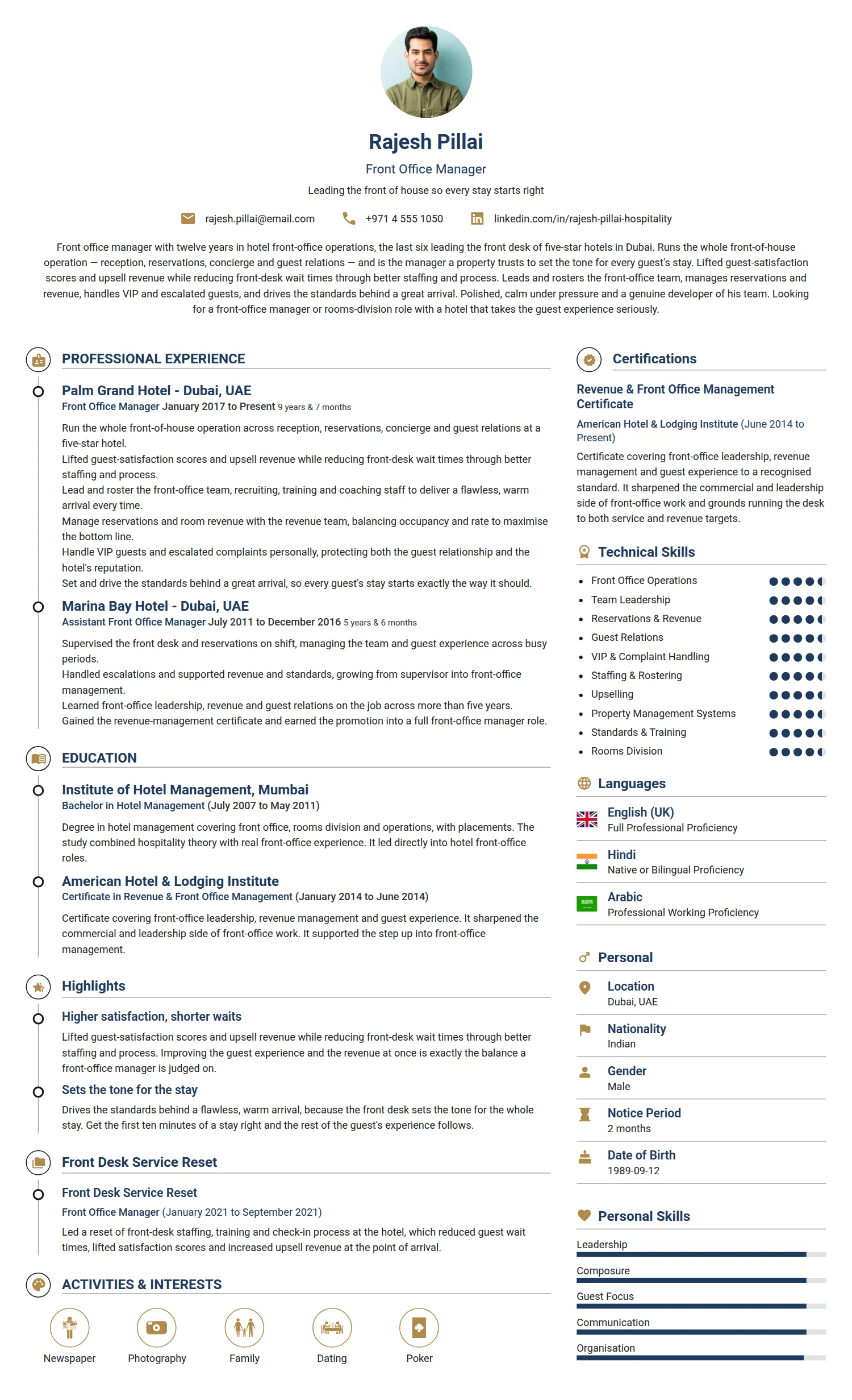 Front Office Manager resume example — a professionally formatted Hospitality CV sample