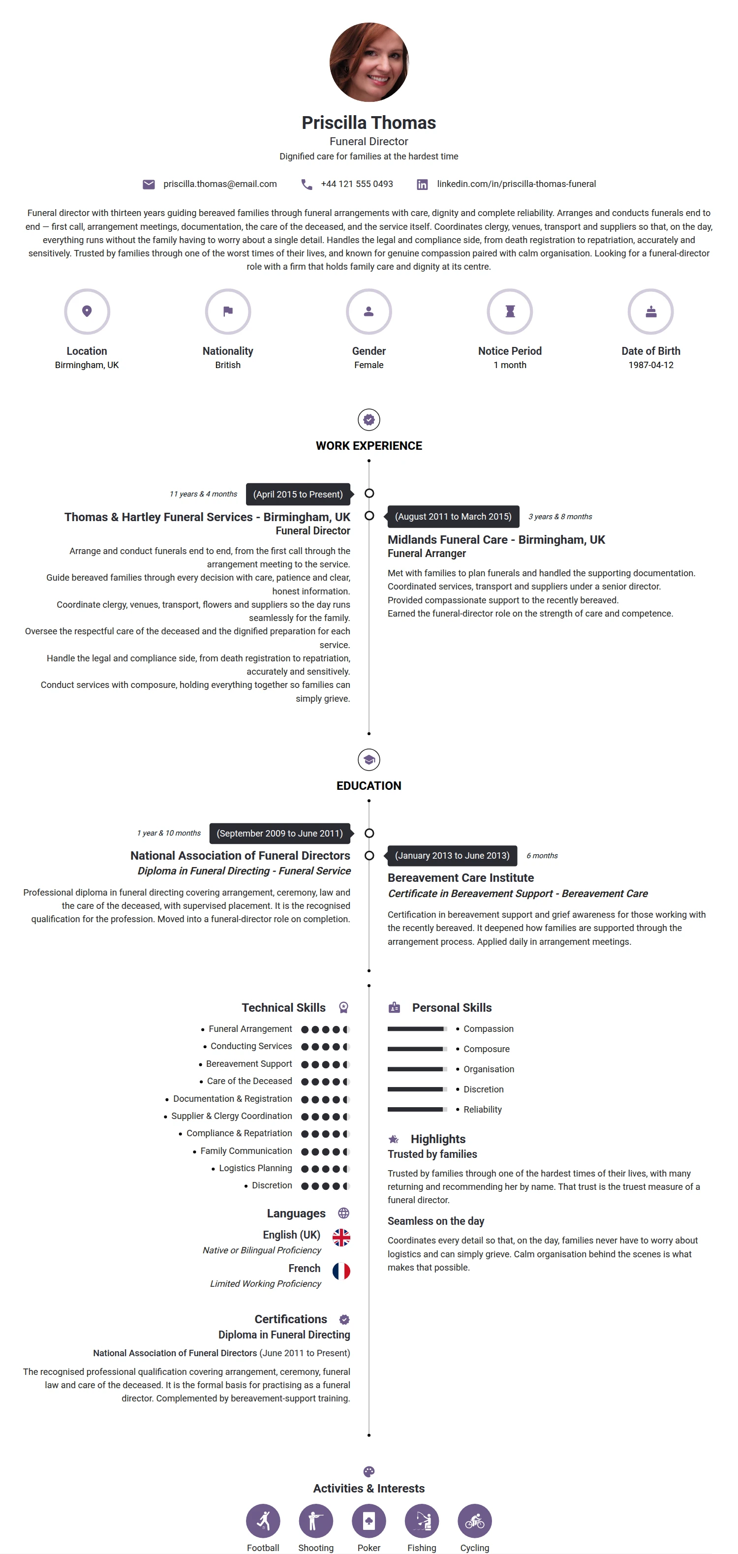 Funeral Director resume example — a professionally formatted Charity/Non-Profit CV sample