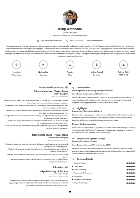 Game Designer resume example