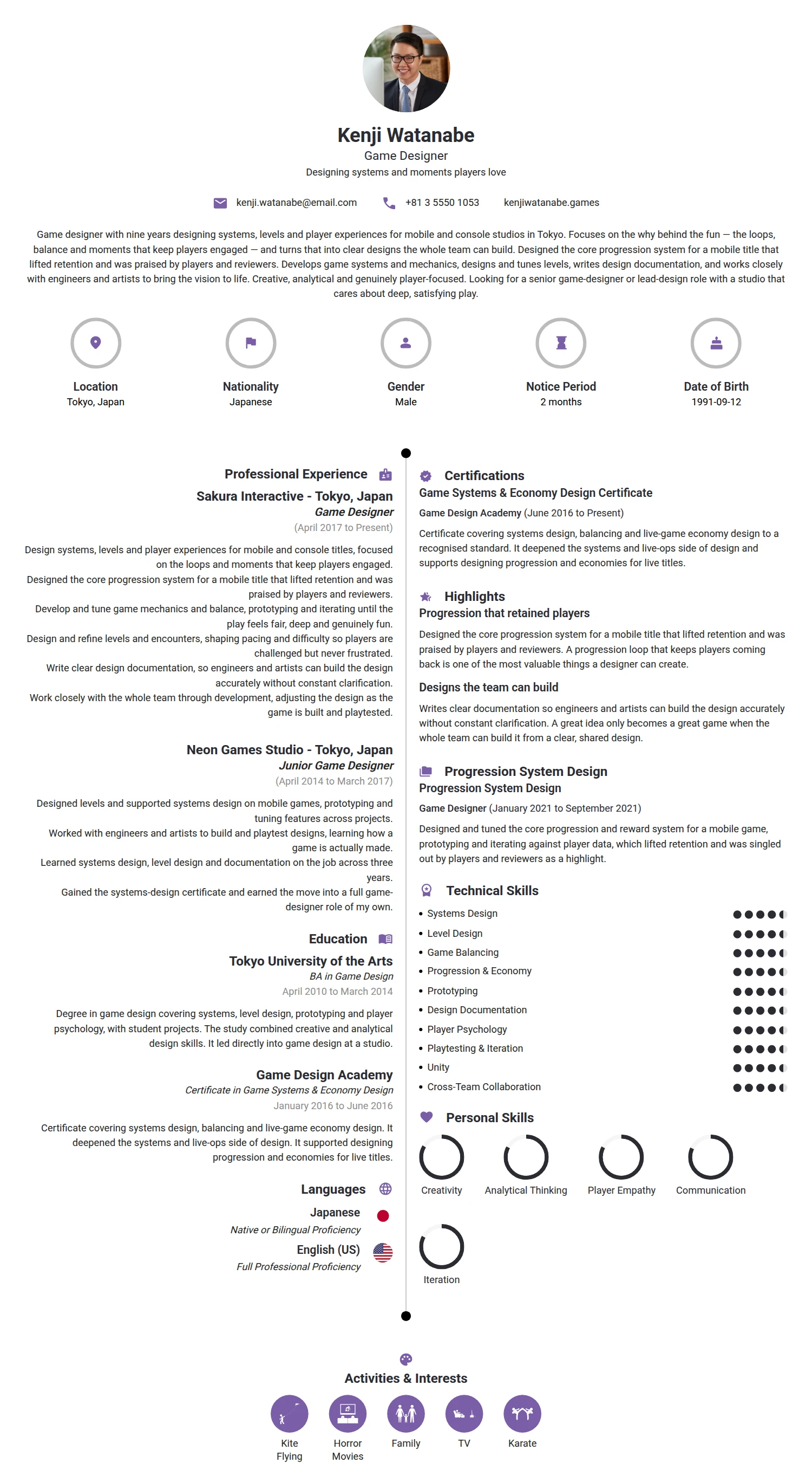 Game Designer resume example — a professionally formatted Software Development & IT CV sample