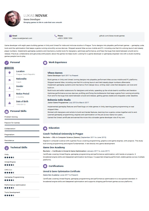 Game Developer resume example — a professionally formatted Software Development & IT CV sample