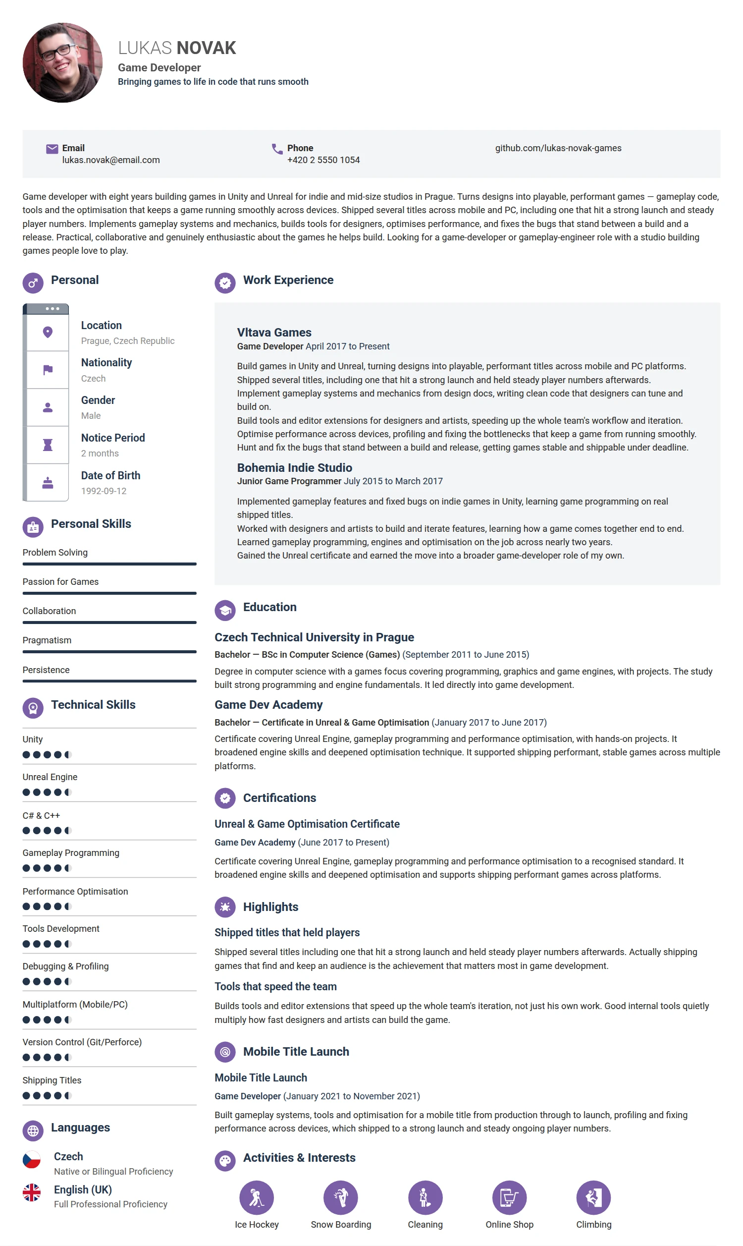 Game Developer resume example — a professionally formatted Software Development & IT CV sample