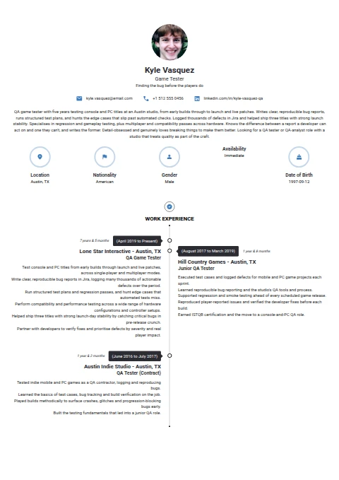 Game Tester resume example