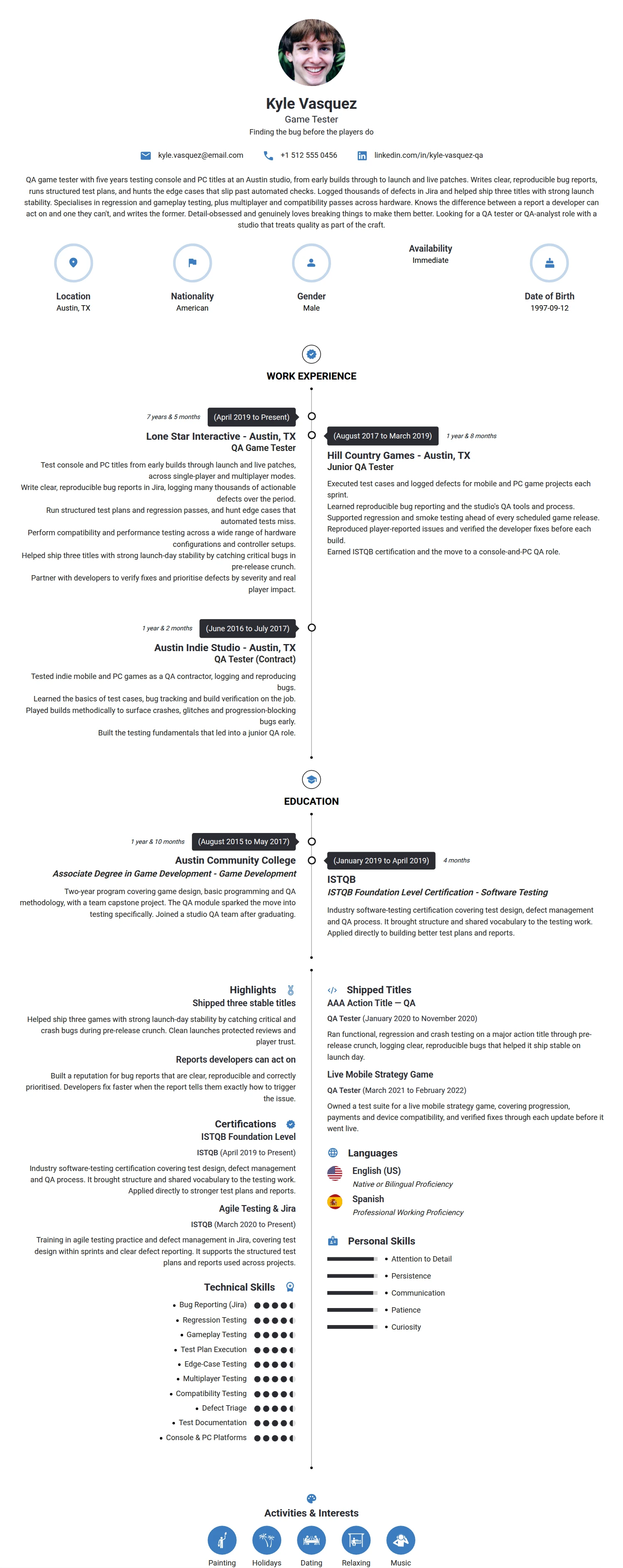 Game Tester resume example — a professionally formatted Software Development & IT CV sample