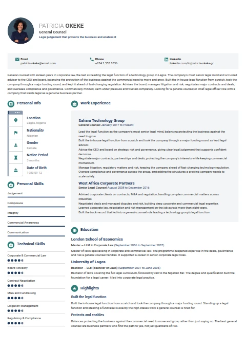 General Counselor resume example — a professionally formatted Legal CV sample