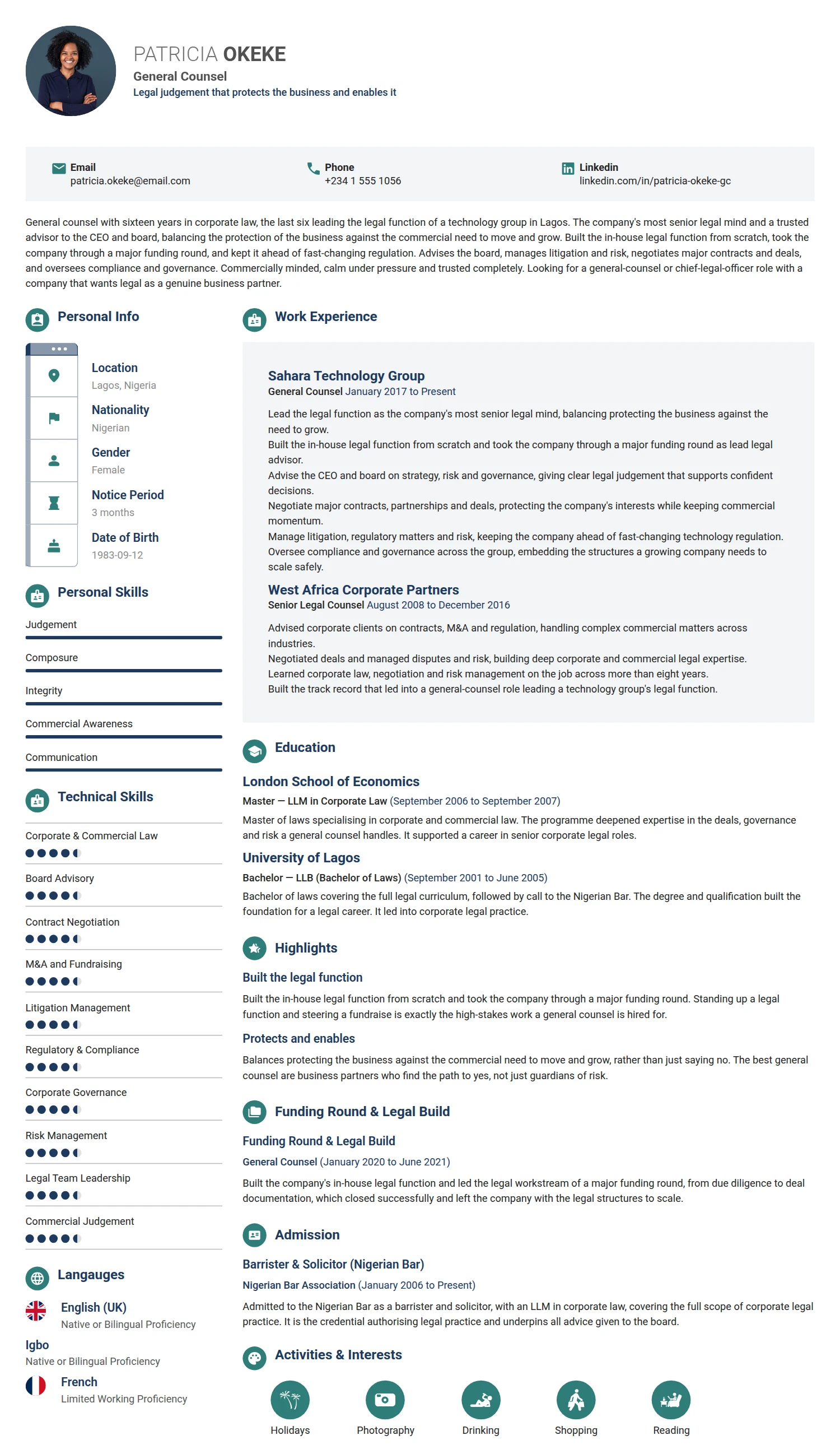 General Counselor resume example — a professionally formatted Legal CV sample