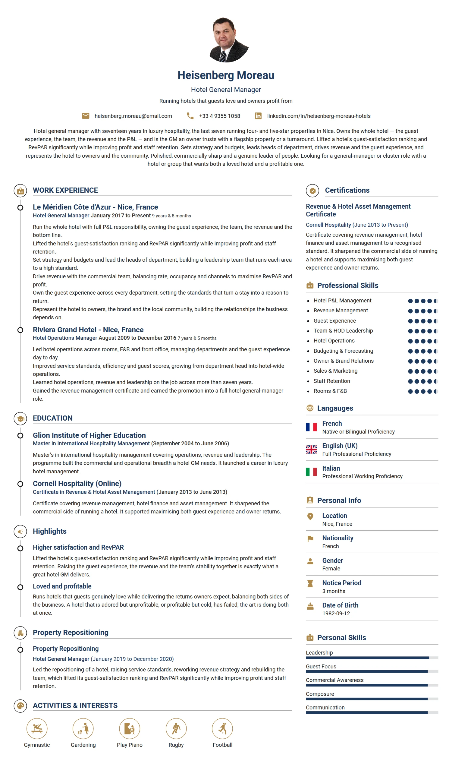 General Manager-Hotel resume example — a professionally formatted Hospitality CV sample