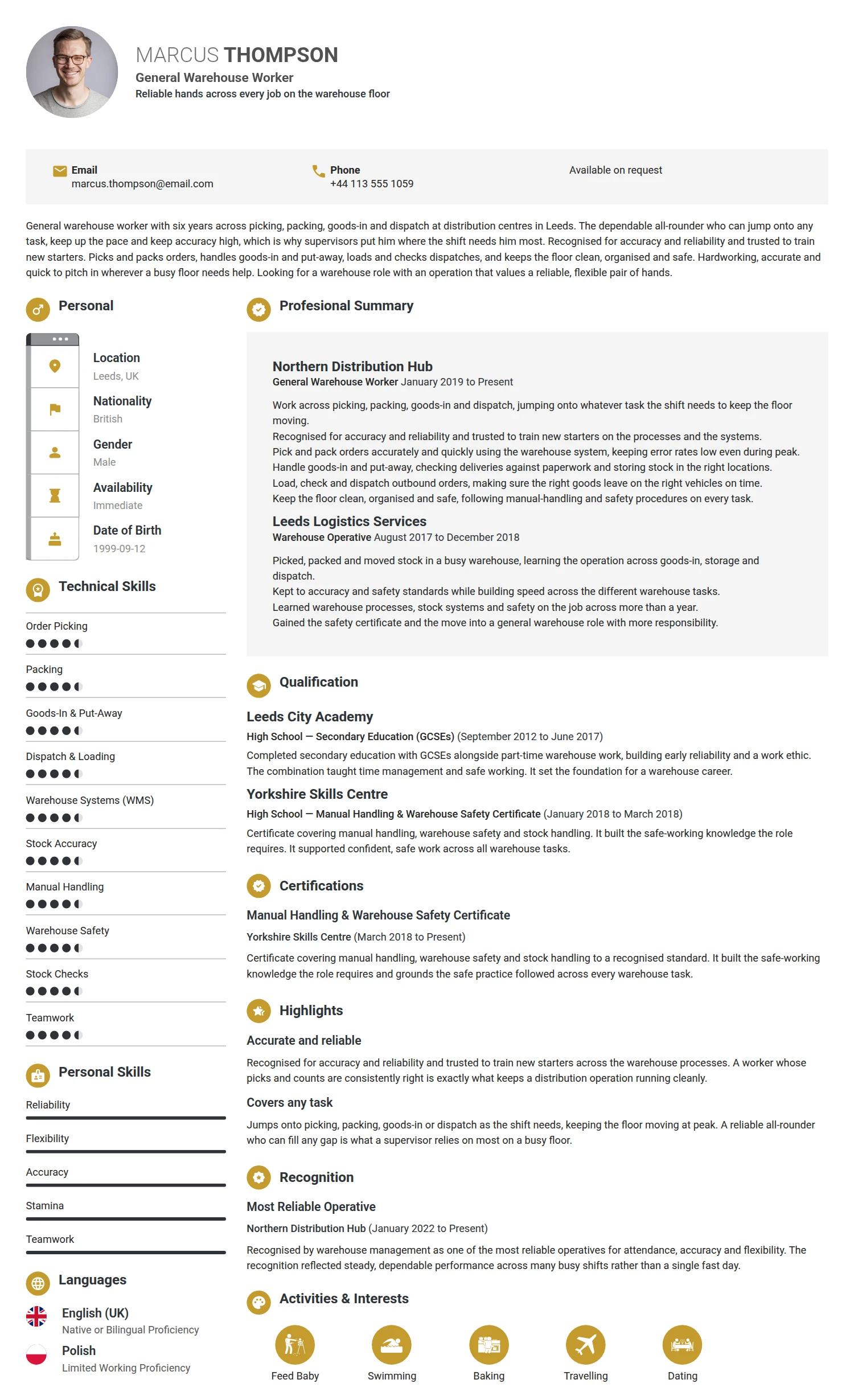 General Warehouse Worker resume example — a professionally formatted Logistics/Supply Chain CV sample