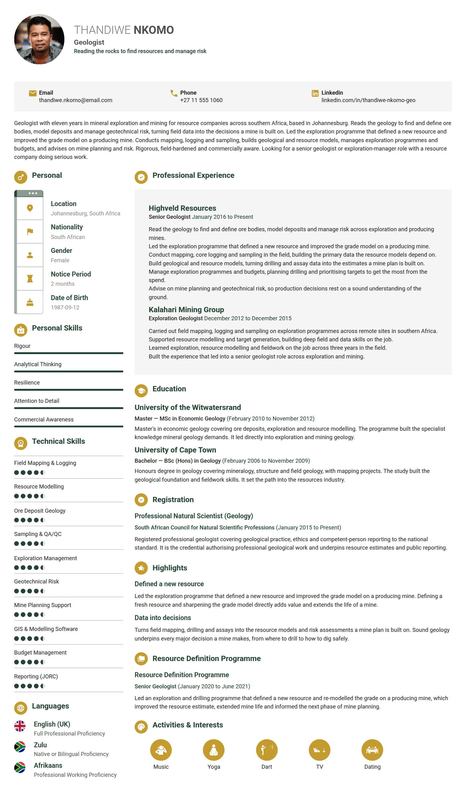 Geologist resume example — a professionally formatted Engineering CV sample