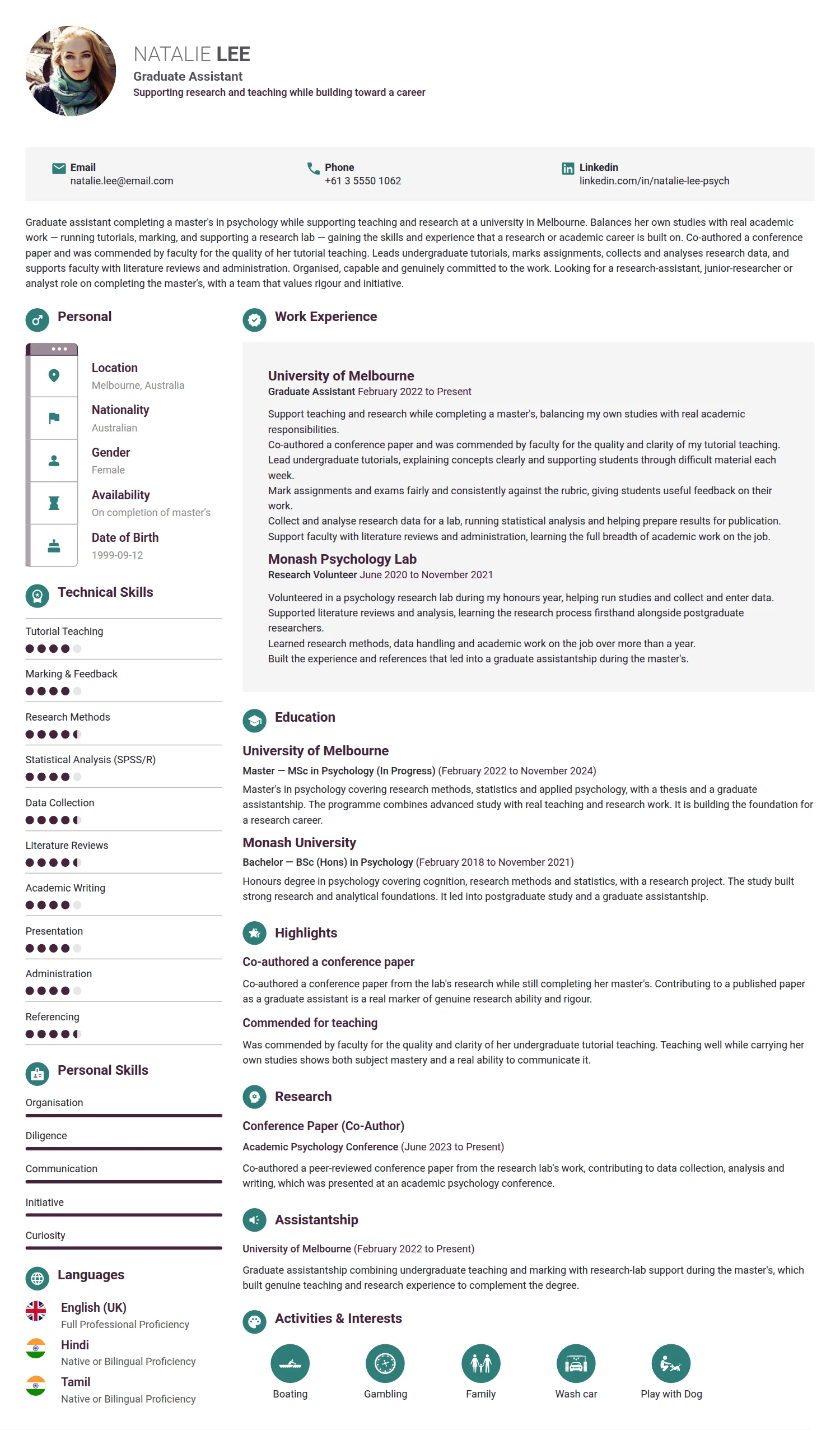 Graduate Assistant resume example — a professionally formatted Education CV sample