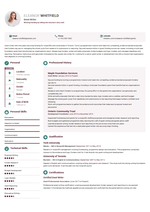 Grant Writer resume example