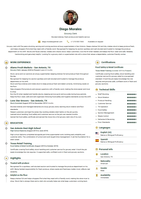 Grocery Clerk resume example