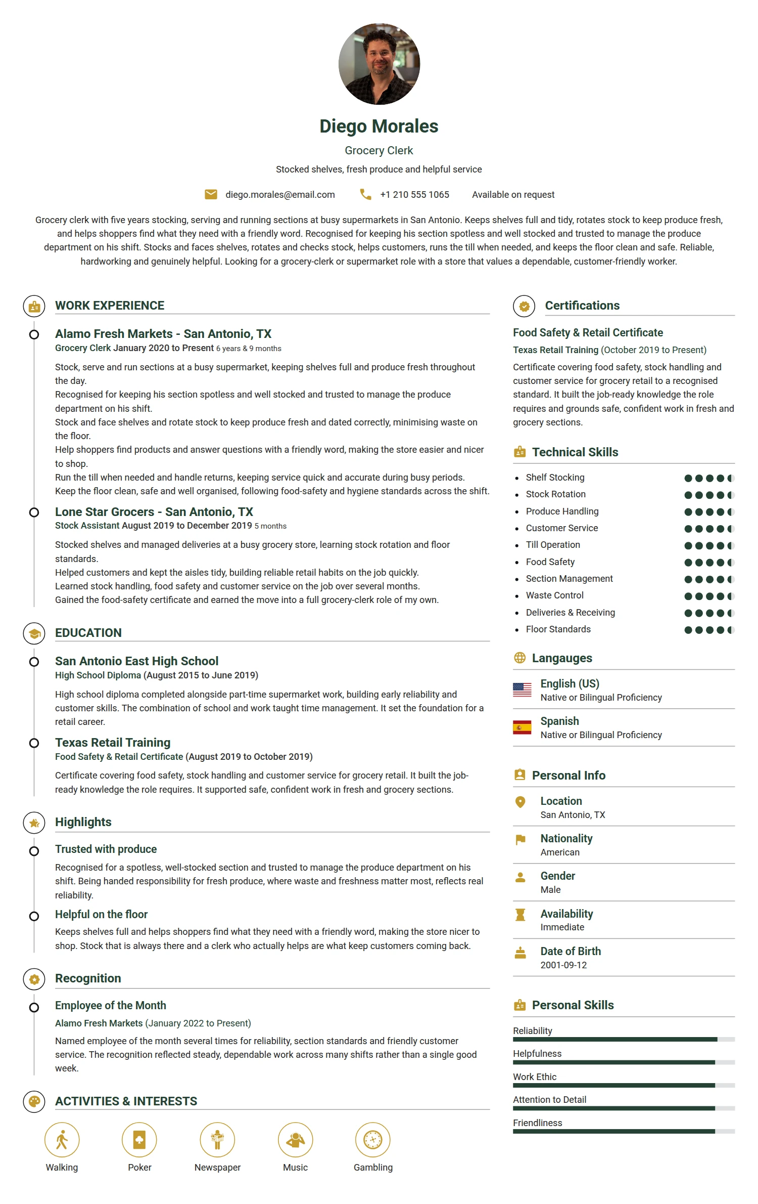 Grocery Clerk resume example — a professionally formatted Administration CV sample