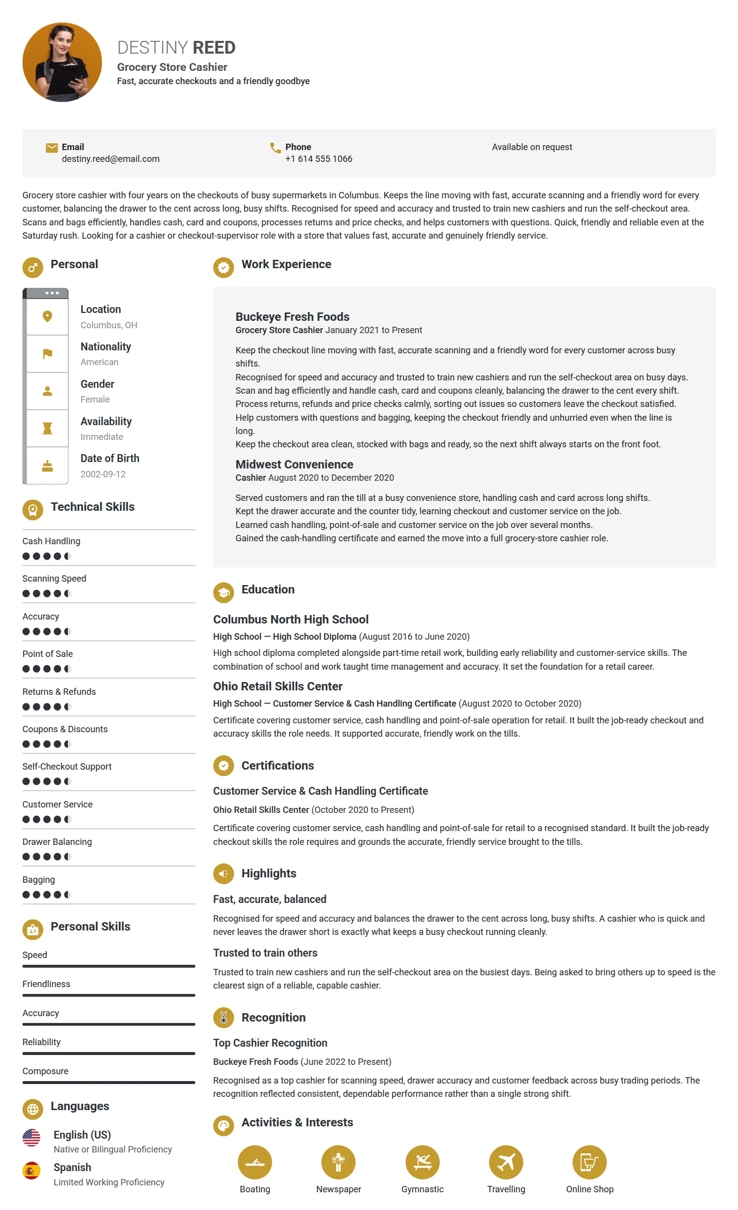 Grocery Store Cashier resume example — a professionally formatted Logistics/Supply Chain CV sample