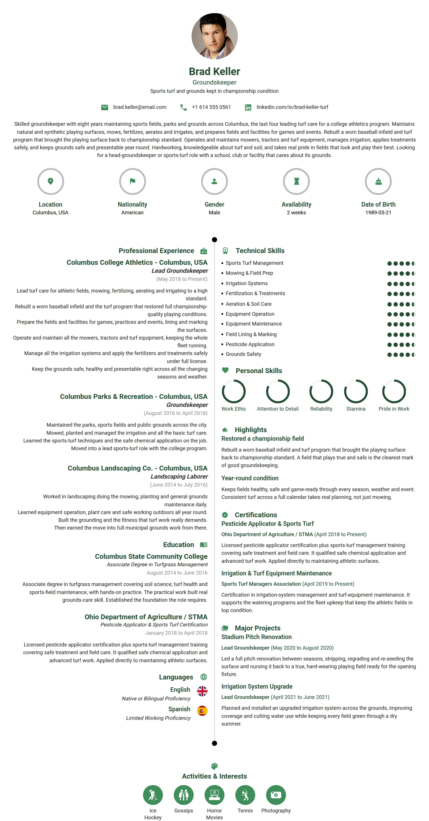 Groundskeeper resume example — a professionally formatted Administration CV sample