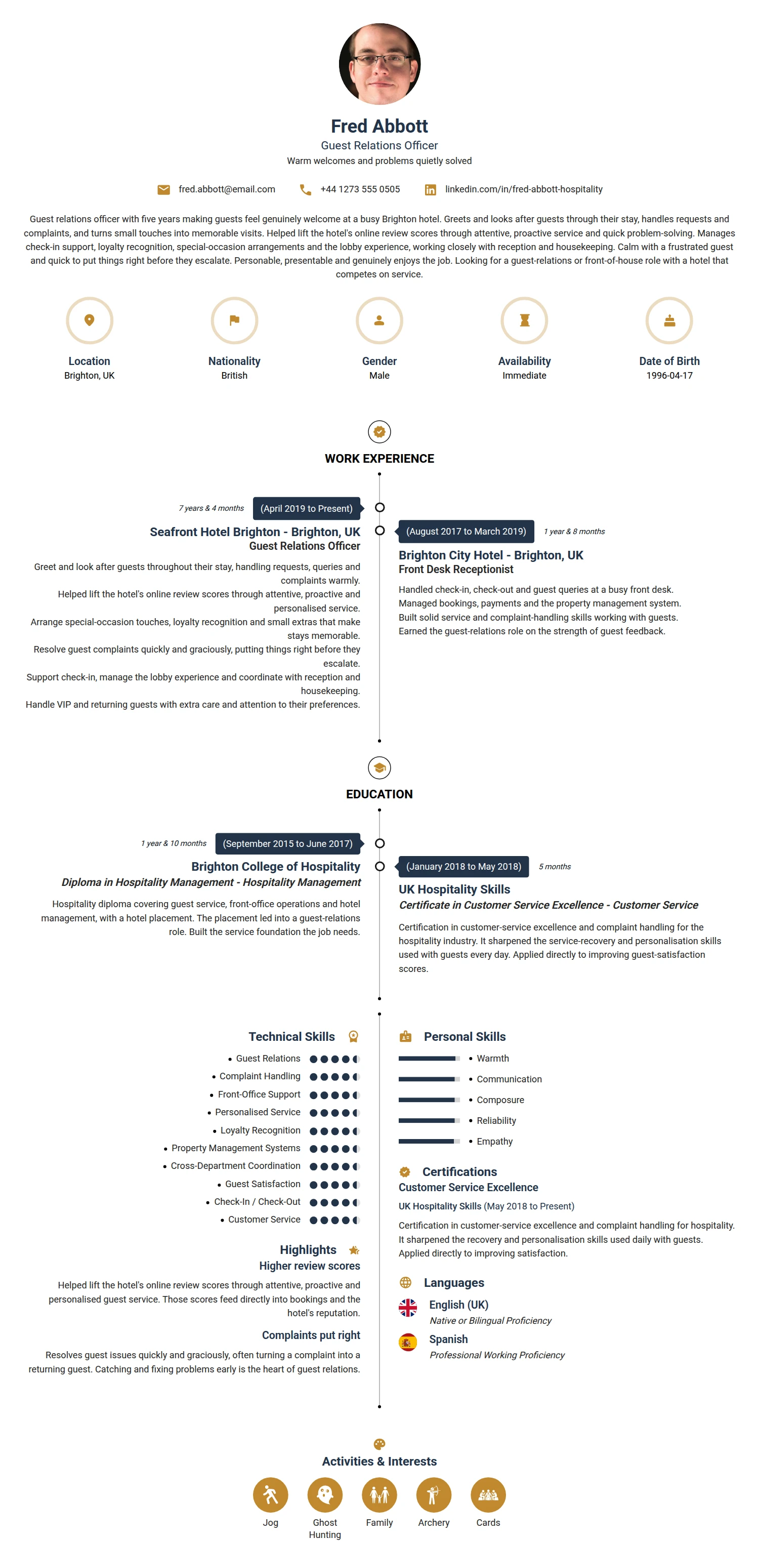 Guest Relations Officer resume example — a professionally formatted Hospitality CV sample