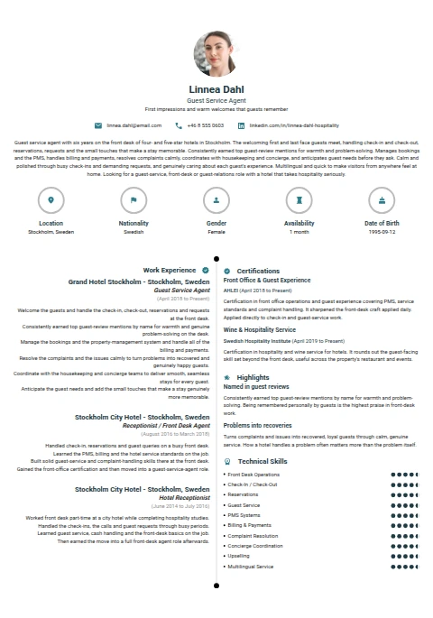 Guest Service Agent resume example — a professionally formatted Hospitality CV sample