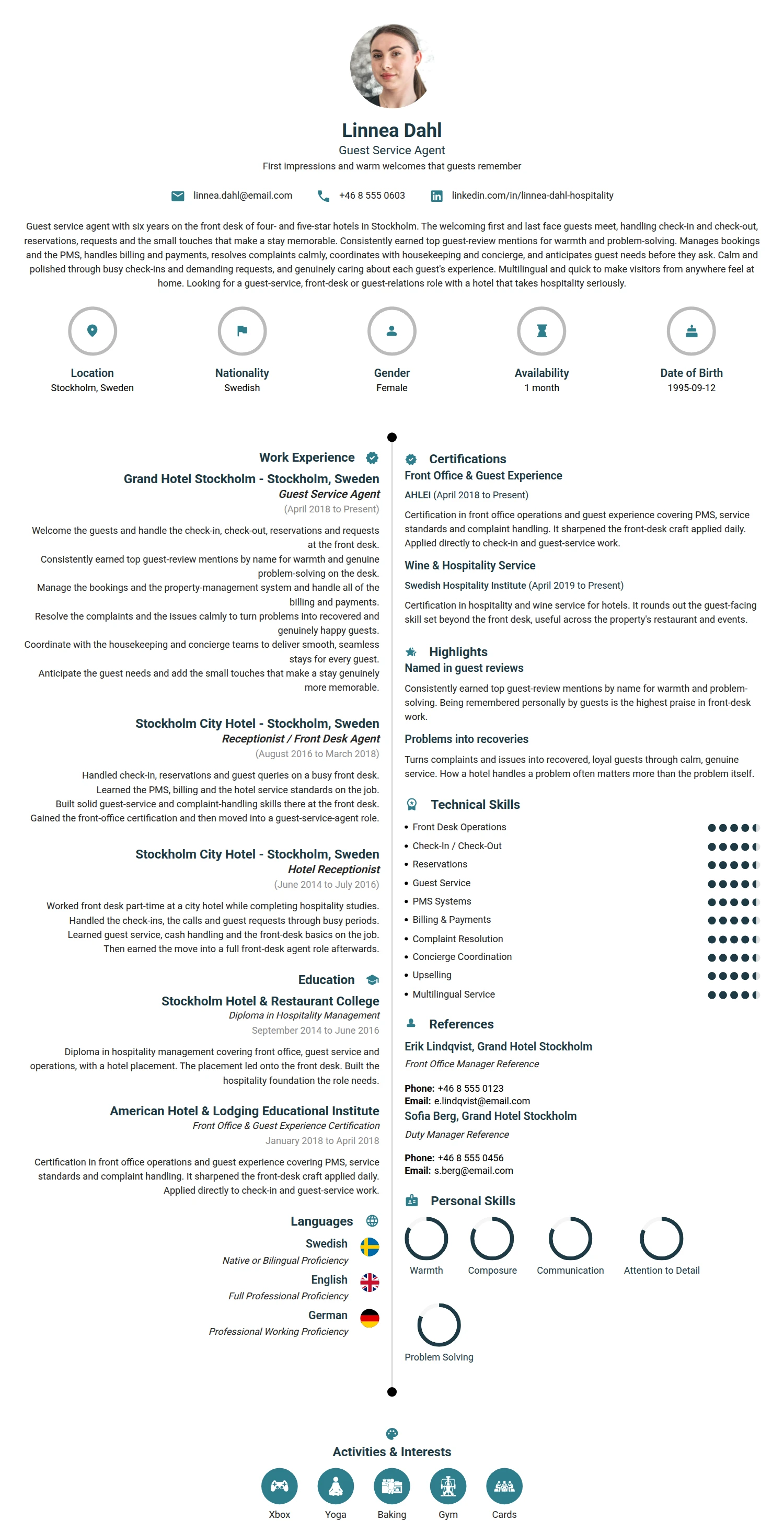 Guest Service Agent resume example — a professionally formatted Hospitality CV sample