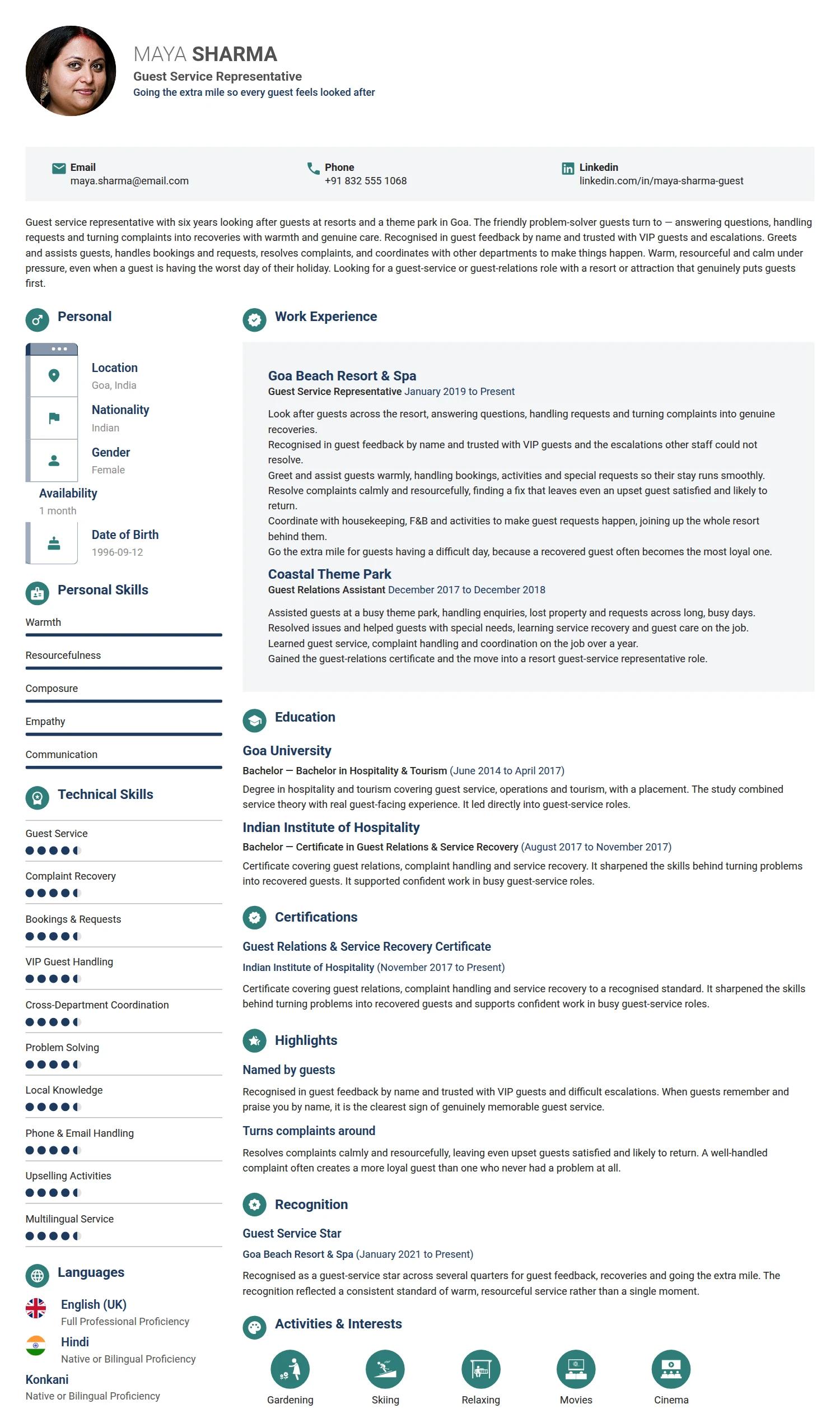 Guest Service Representative resume example — a professionally formatted Hospitality CV sample