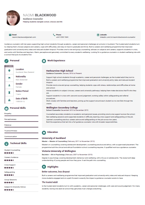Guidance Counselor resume example