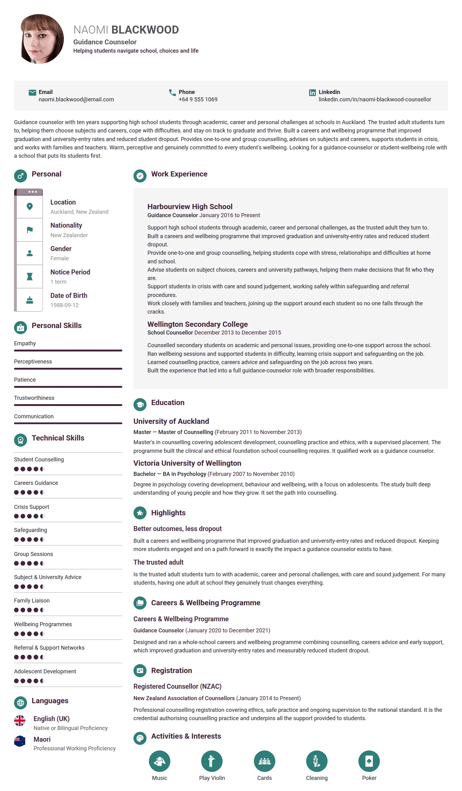 Guidance Counselor resume example — a professionally formatted Business Management CV sample