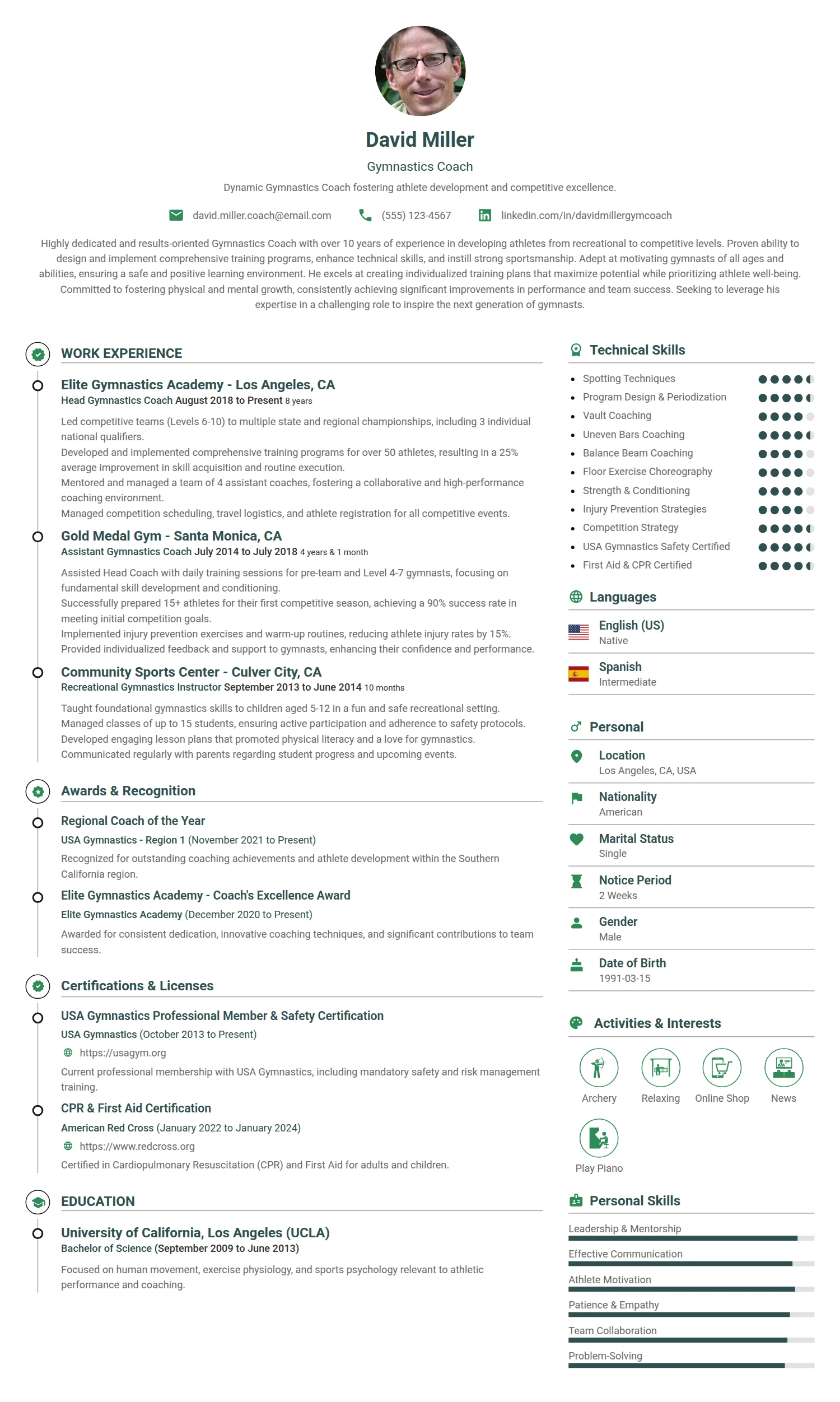 Gymnastics Coach resume example — a professionally formatted Sports & Fitness CV sample