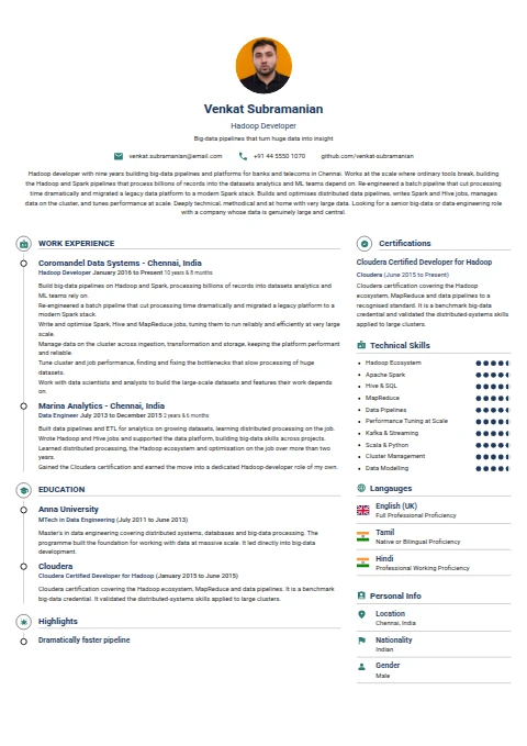 Hadoop Developer resume example