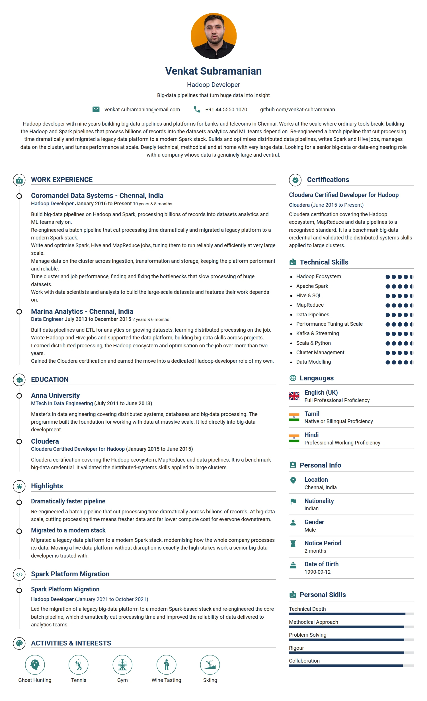 Hadoop Developer resume example — a professionally formatted Software Development & IT CV sample