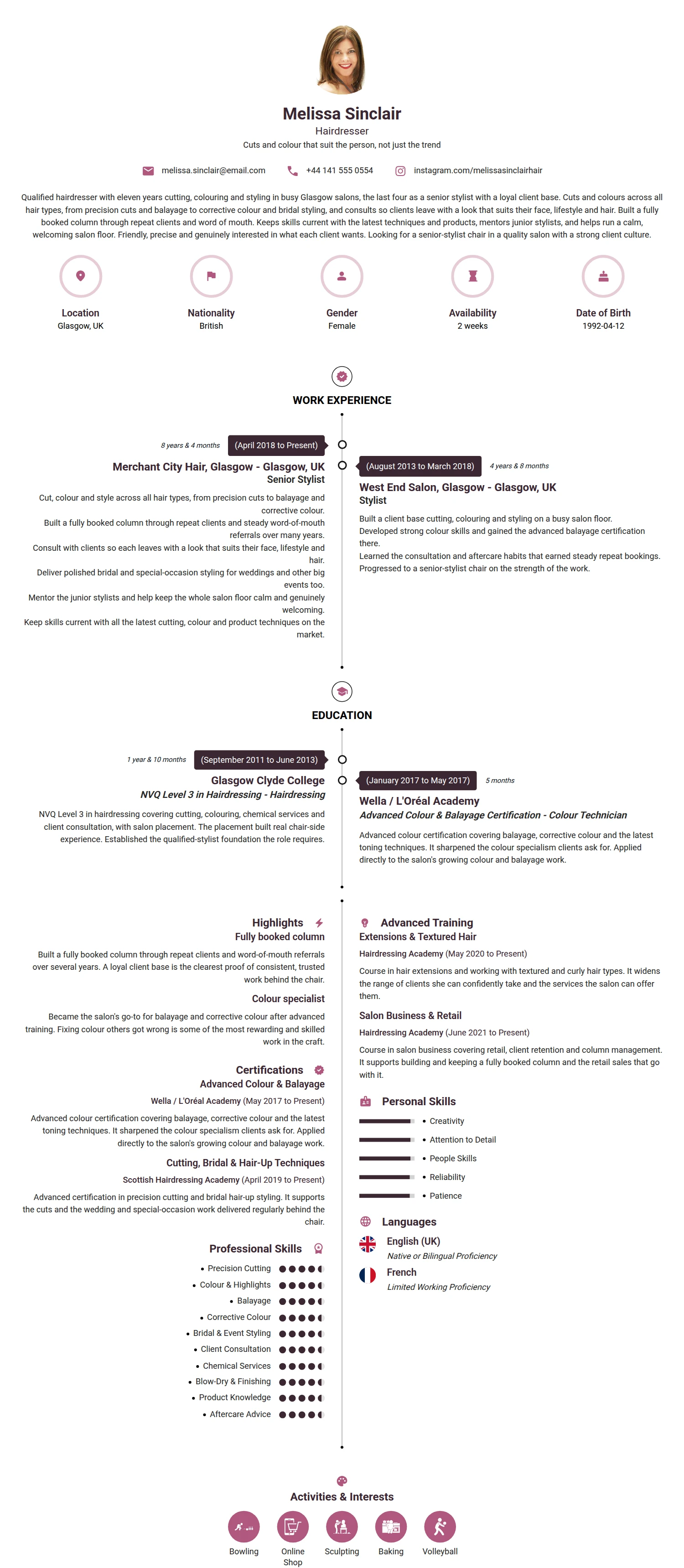Hairdresser resume example — a professionally formatted Art/Creative/Design CV sample