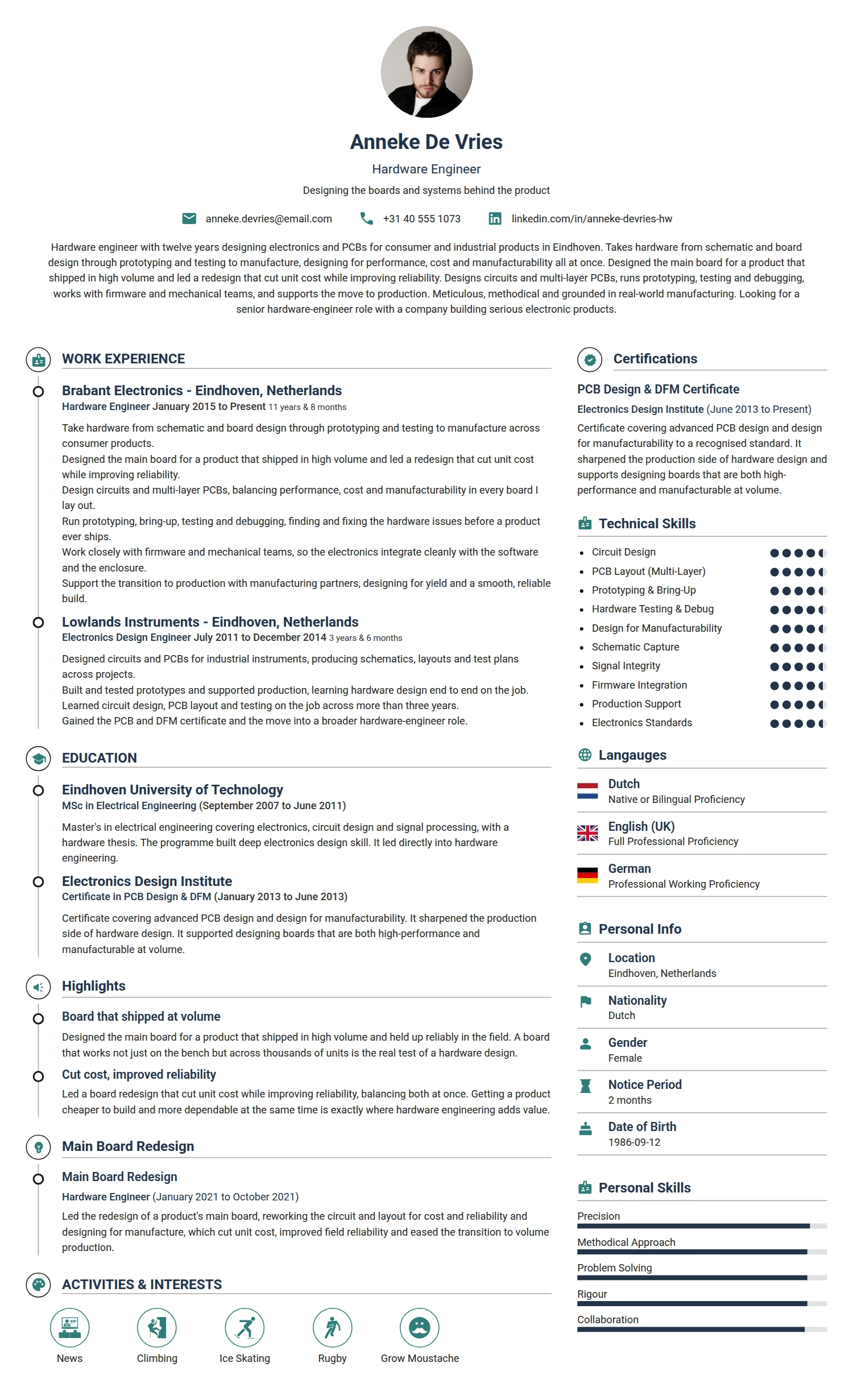 Hardware Engineer resume example — a professionally formatted Engineering CV sample