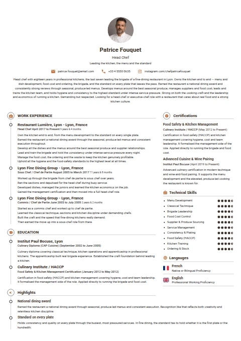 Head Chef resume example