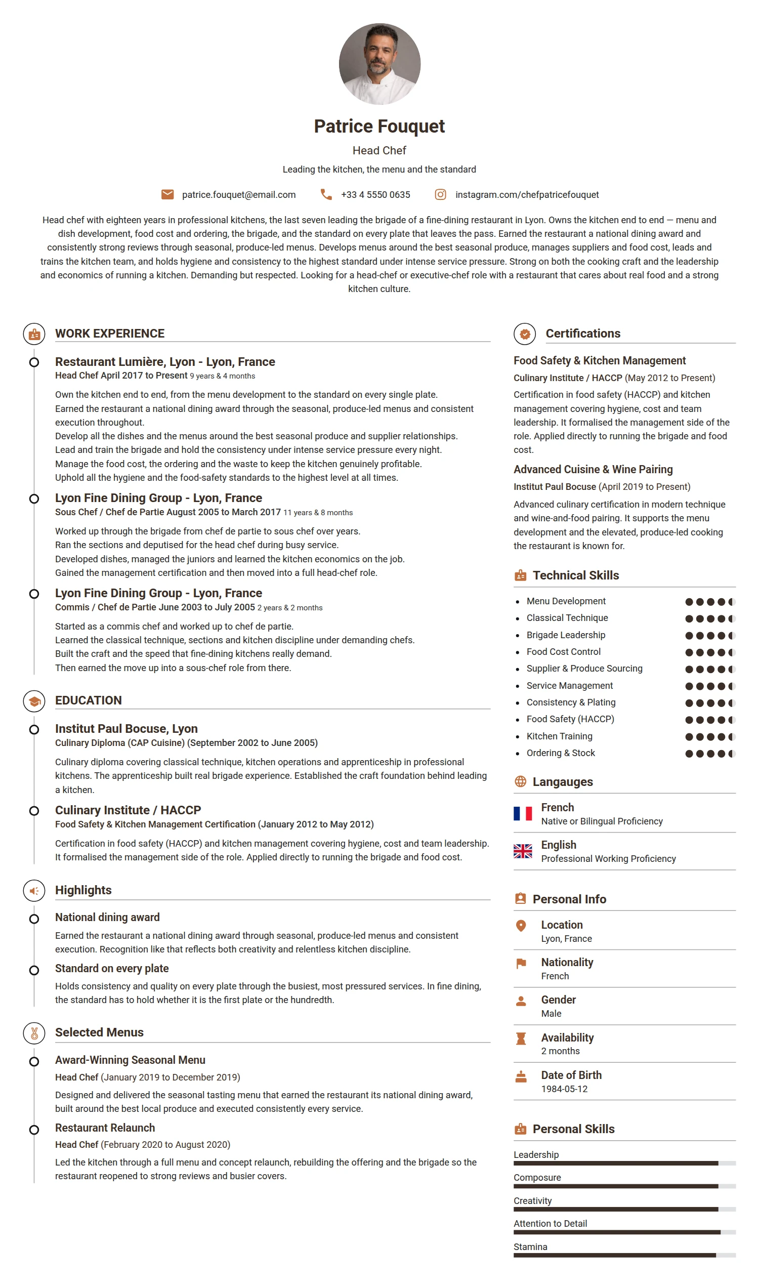 Head Chef resume example — a professionally formatted Hospitality CV sample
