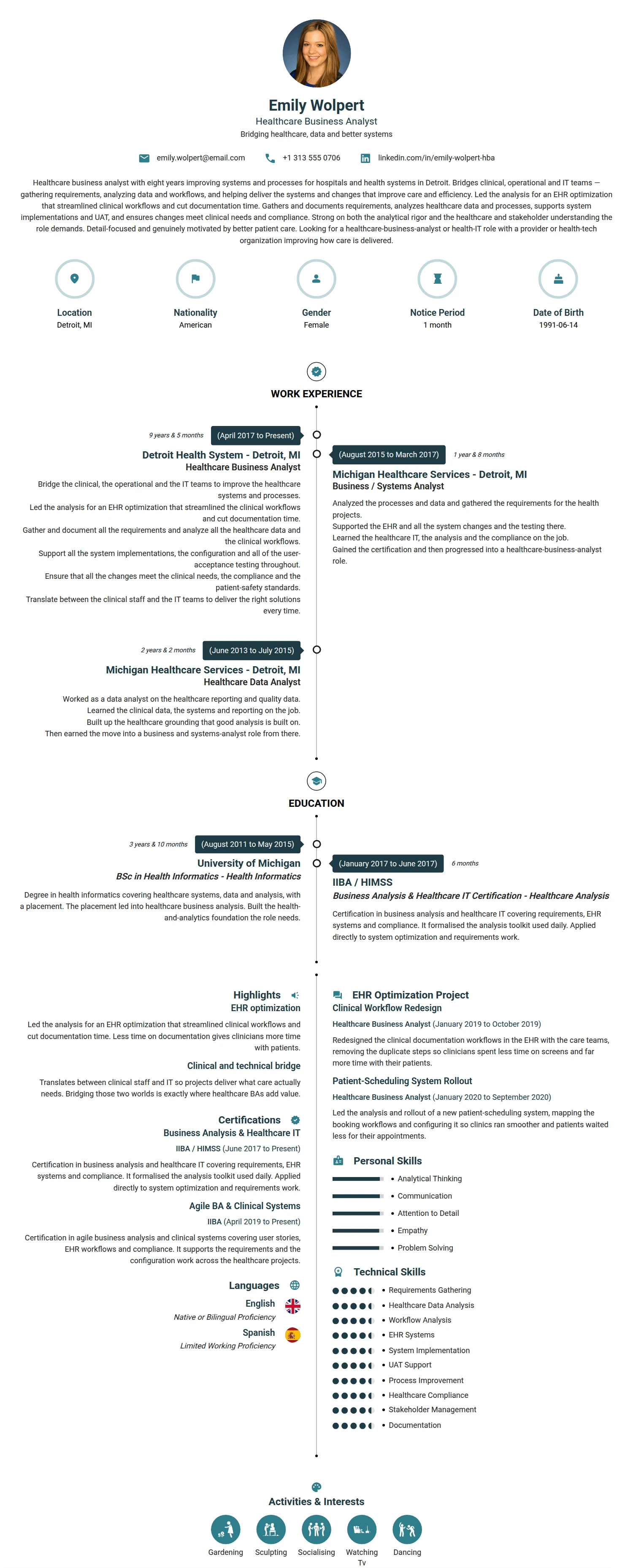 Healthcare Business Analyst resume example — a professionally formatted Business Management CV sample