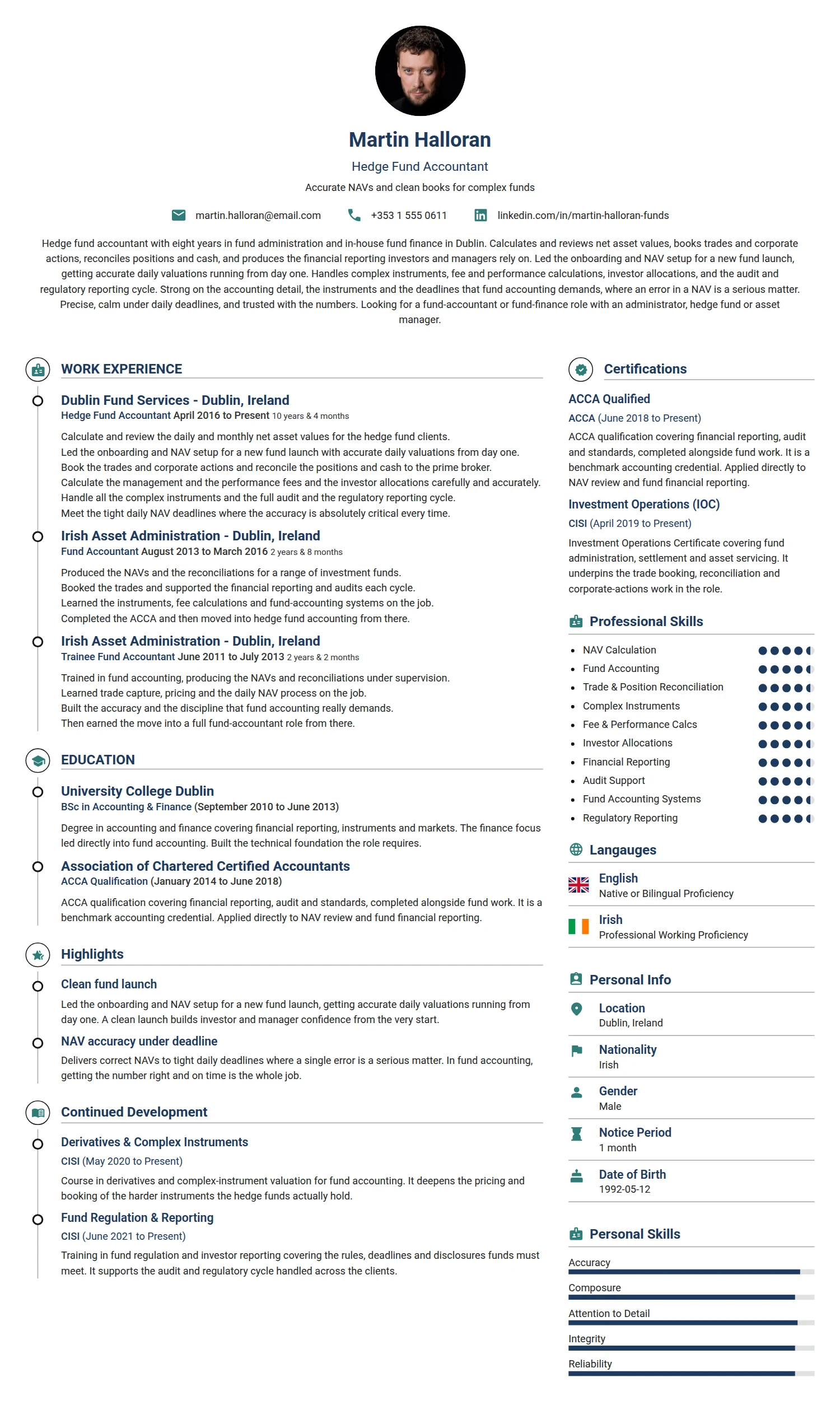 Hedge Fund Accountant resume example — a professionally formatted Accounting/Auditing CV sample