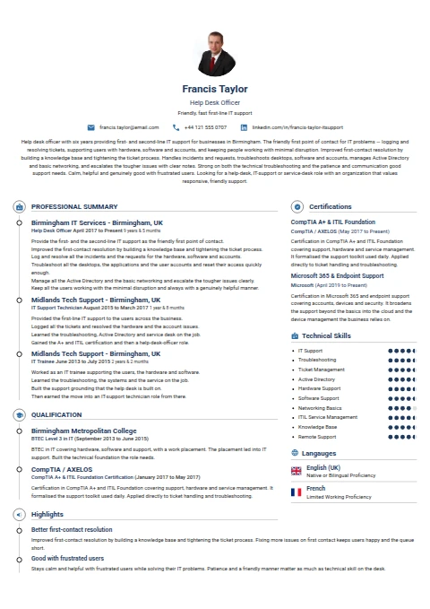 Help Desk Officer resume example — a professionally formatted Administration CV sample
