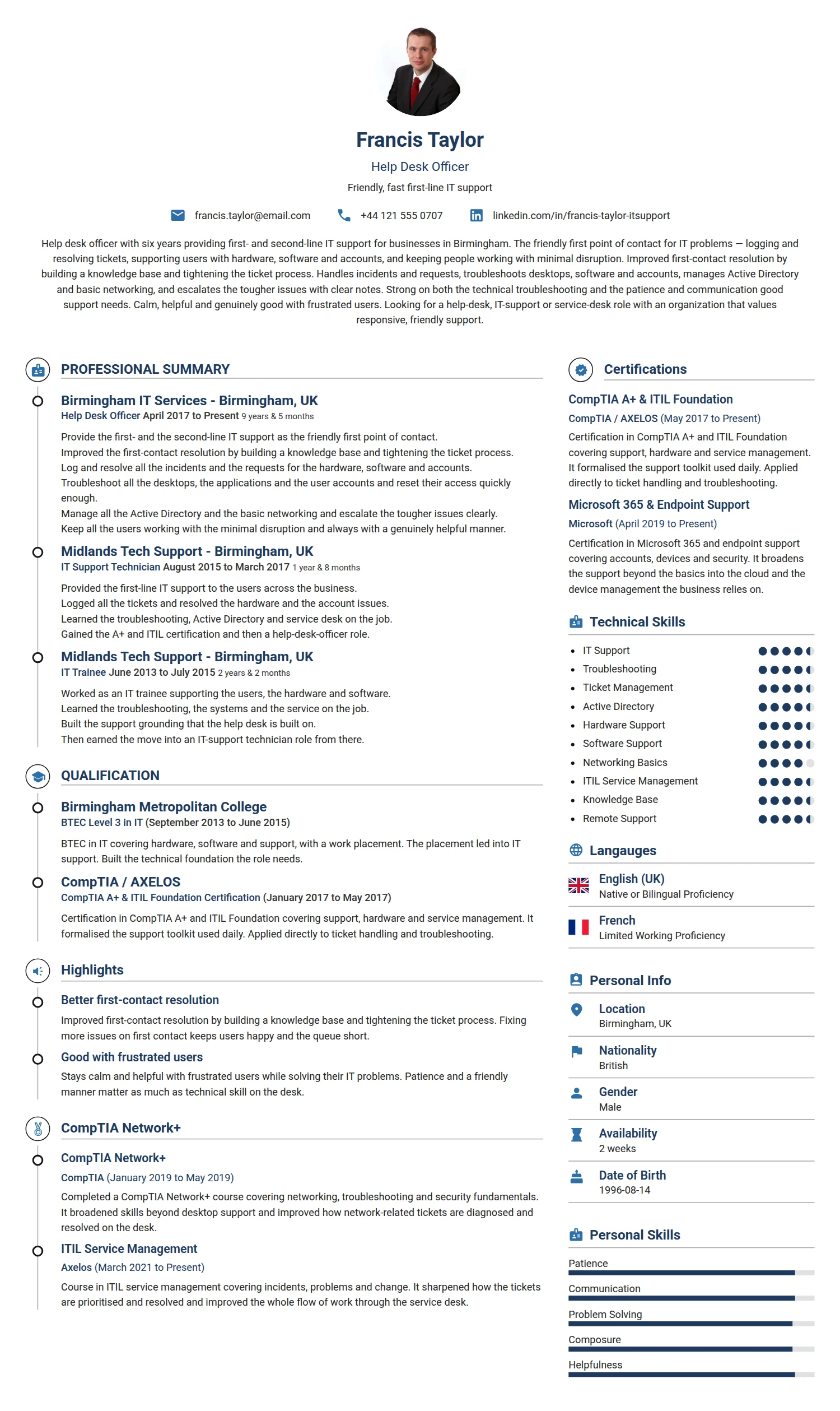 Help Desk Officer resume example — a professionally formatted Administration CV sample