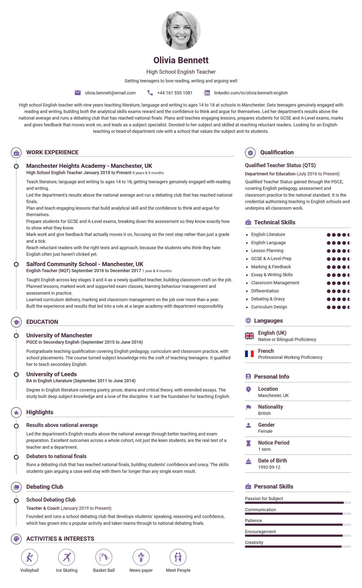 High School English Teacher resume example — a professionally formatted Education CV sample