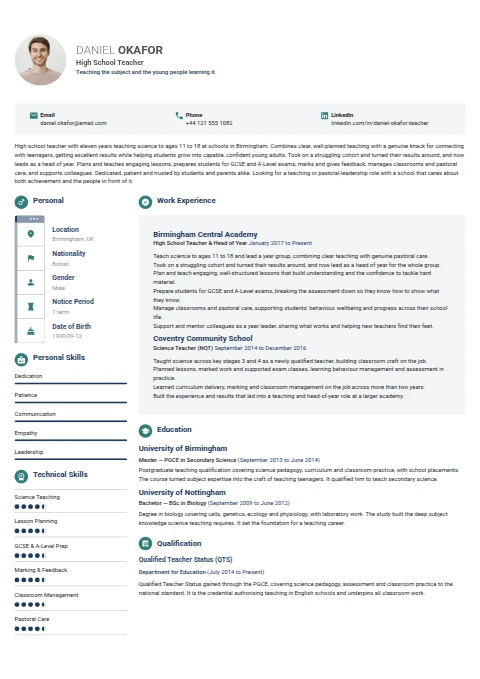 High School Teacher resume example — a professionally formatted Education CV sample